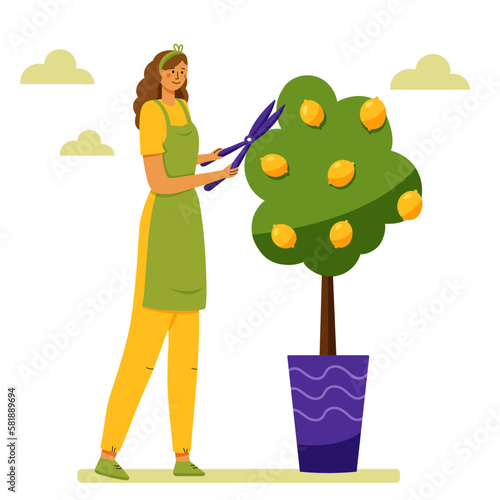 Cute happy women or girl caring about plants isolated on white background. Home gardening and growing houseplants. Flat style vector illustration of trendy people with garden plants.