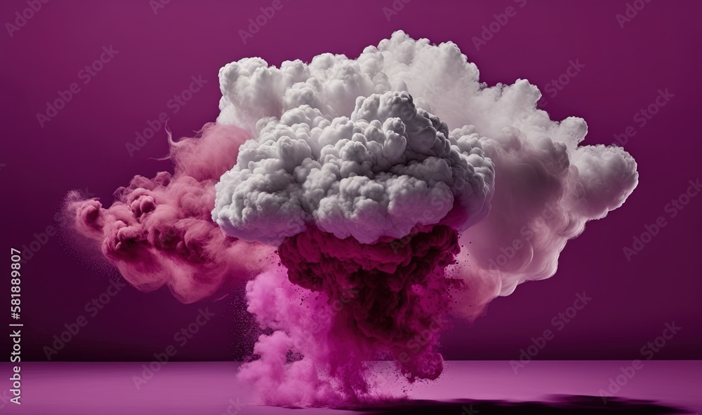  a pink and white cloud of smoke on a purple background with a black spot in the middle of the image and a black spot in the middle of the cloud.  generative ai
