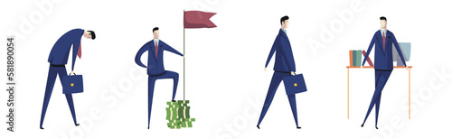 Business Man Character and Office Employee Engaged in Different Activity Vector Set