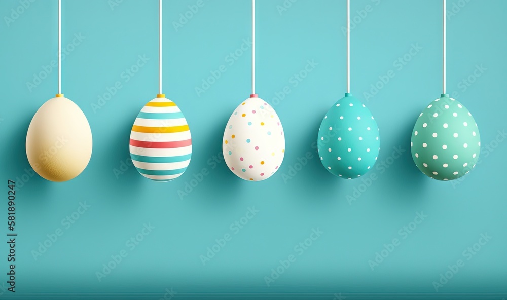 a row of colorful easter eggs hanging from a line on a blue background with polka dot dots on the top and bottom of each egg. generative ai a row of colorful easter eggs hanging from a line on a blue background with polka dot dots on the top and bottom of each egg. generative ai
