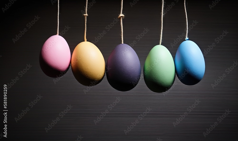 a row of colored eggs hanging from a line on a black background with a black background behind them and a black background with a black background. generative ai a row of colored eggs hanging from a line on a black background with a black background behind them and a black background with a black background. generative ai