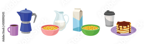 Breakfast Meal and Tasty Served Morning Food and Drinks Vector Set