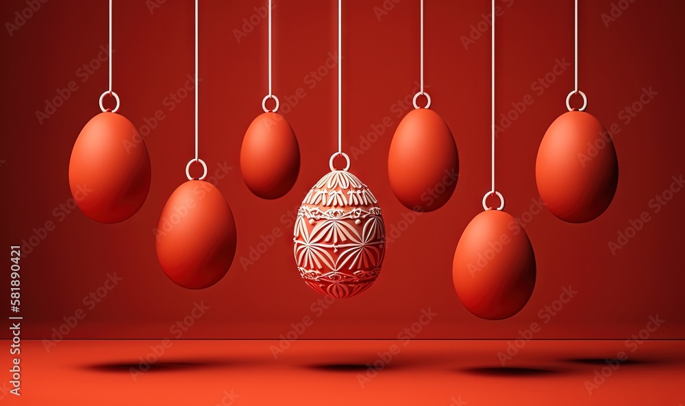 a bunch of eggs hanging from a line on a red background with a shadow on the floor and a red background with a red wall. generative ai a bunch of eggs hanging from a line on a red background with a shadow on the floor and a red background with a red wall. generative ai