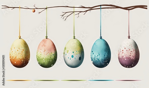  a group of eggs hanging from a tree branch with a branch in front of them and the colors of the eggs on the branch are different colors. generative ai