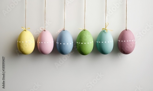  a row of colored eggs hanging from strings on a wall with a string of string attached to them, with a white background and a white wall in the background. generative ai