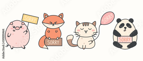 Cute apologetic animals saying sorry. A Cat with a Balloon, a Fox, a Panda and a pig. Set of vector isolated cartoon icons.