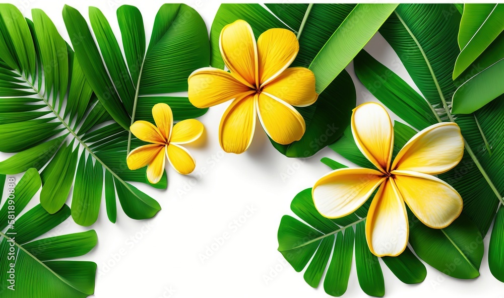 a white background with yellow flowers and green leaves on the left side of the image is a white background with green leaves on the right side of the. generative ai a white background with yellow flowers and green leaves on the left side of the image is a white background with green leaves on the right side of the. generative ai
