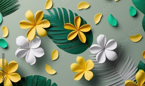  paper flowers and leaves on a gray background with green leaves and yellow flowers on the bottom of the paper flowers are cut out of paper. generative ai