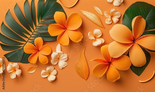  a bunch of flowers and leaves on an orange background with a place for the text in the middle of the image is a flat lay.  generative ai