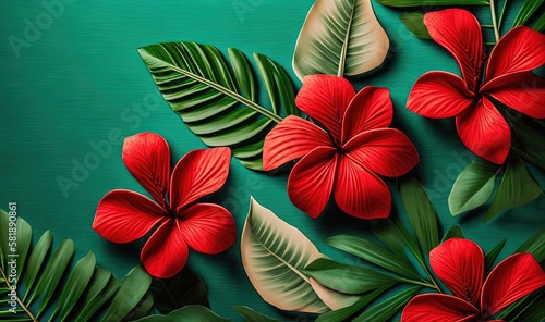  a painting of red flowers and green leaves on a blue background with a green background and a green background with a red flower and green leaves. generative ai