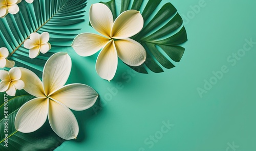  two white flowers and green leaves on a blue background with a shadow of the leaves of a palm tree on the left side of the image. generative ai