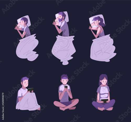 Man and Woman Character Using Digital Gadget at Night Sitting in the Dark Vector Set