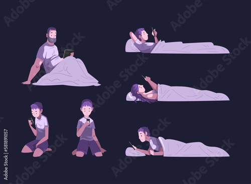 Man and Woman Character Using Digital Gadget at Night Sitting in the Dark Vector Set