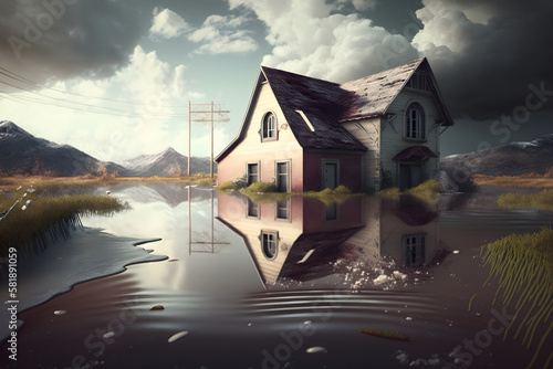 Climate change concept. Flood illustration. Flooded street in town. Generative AI photo