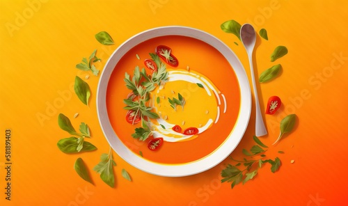  a bowl of tomato soup with a spoon and a sprig of parsley on top of the bowl, on an orange background. generative ai