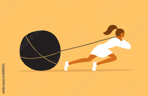 Woman in white dress pulling big stone on rope. Unhappy female drags rock burden. Sad tired girl towing heavy boulder. Struggle, debt, effort, mental problem, difficulty. Hard work vector illustration
