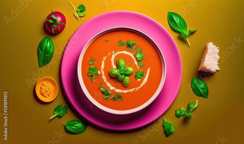  a pink plate topped with a bowl of soup and a slice of bread on top of a pink plate next to a green leafy garnish. generative ai