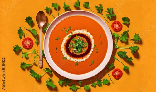  a bowl of tomato soup with garnish on a yellow background with tomatoes and parsley on the side and a spoon on the side. generative ai