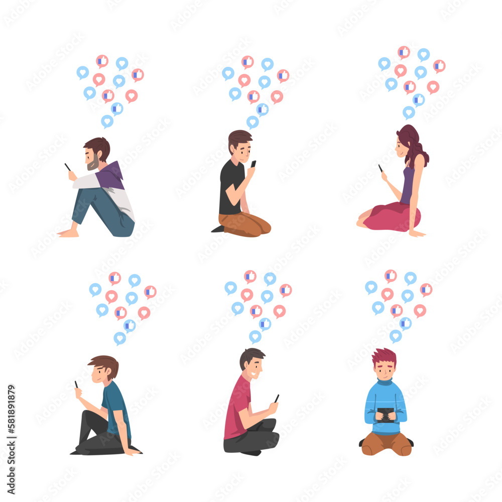 Young Man and Woman Sitting with Smartphone Checking Social Media Likes and Post Vector Set Young Man and Woman Sitting with Smartphone Checking Social Media Likes and Post Vector Set