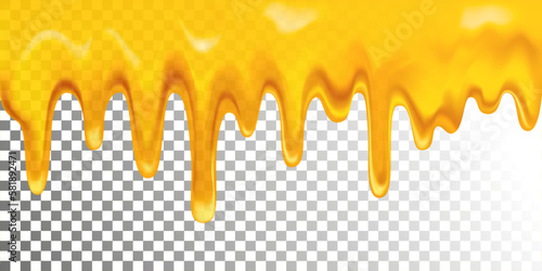 Realistic drops of sweet honey isolated on white background. Seamless 3D flows melted horizontal splash. Yellow paint stains drawn. Vector illustration isolated on white