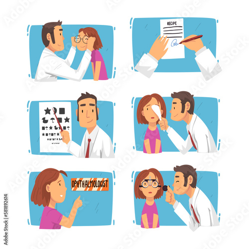 Ophthalmology Diagnostics with Girl Having Eyesight and Vision Checkup and Correction Vector Set