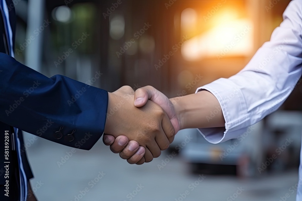Engineer handshake for teamwork of business merger and acquisition,successful negotiate,engineer hand shake,businessman shake hand with partner to celebration partnership - Generative AI