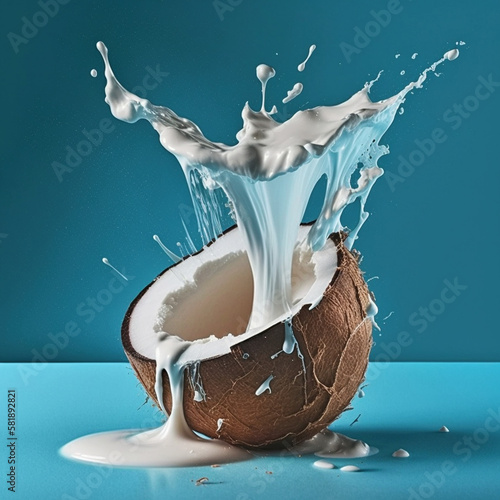 Coconut with coconut milk on blue background, generative ai