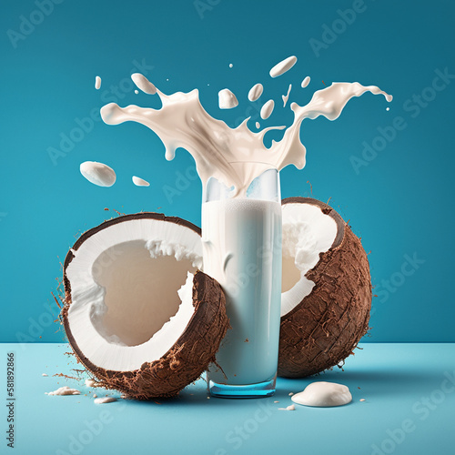 Coconut and coconut milk on a blue background, generative ai