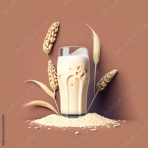 oats and oat milk with brown background, generative ai