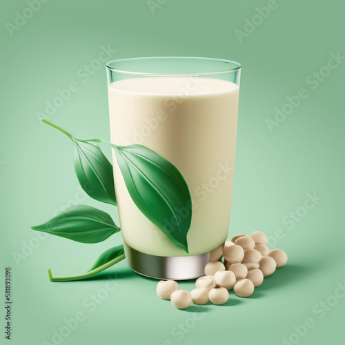 Soy milk on green background, generative ai art