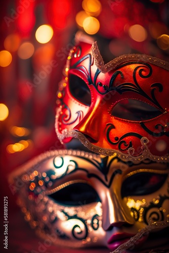 illustration, venetian mask red lights for a carnival party, ai generative © Jorge Ferreiro
