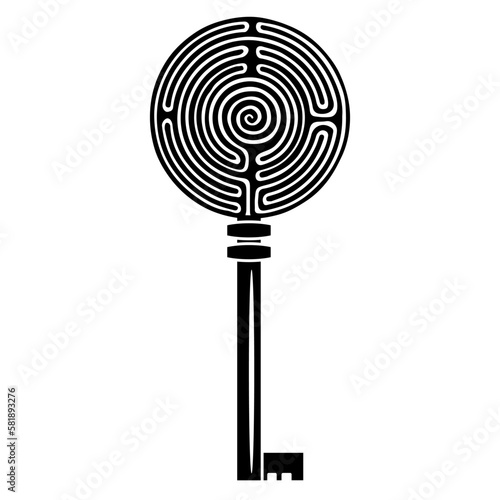 Skeleton key with a round spiral maze or labyrinth symbol as its head. Creative concept. Clue to the mystery. Black and white silhouette.