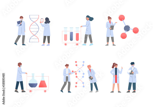 Scientist in Lab with Tiny People Character in White Coat Doing Chemical Research with Huge Laboratory Equipment Vector Set