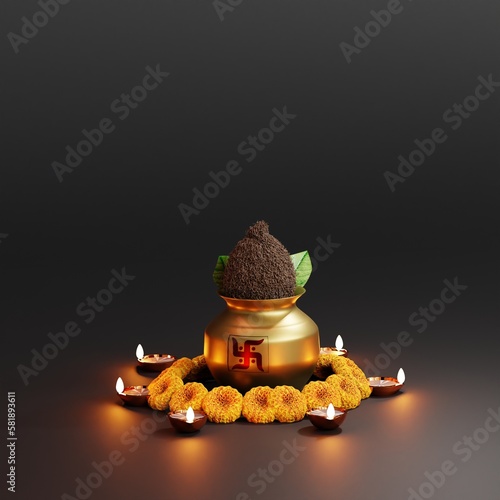 Banner design of akshaya tritiya festival template with, Pot and Gold Coins for Dhanteras Celebration in Decorated Background black 3d render photo