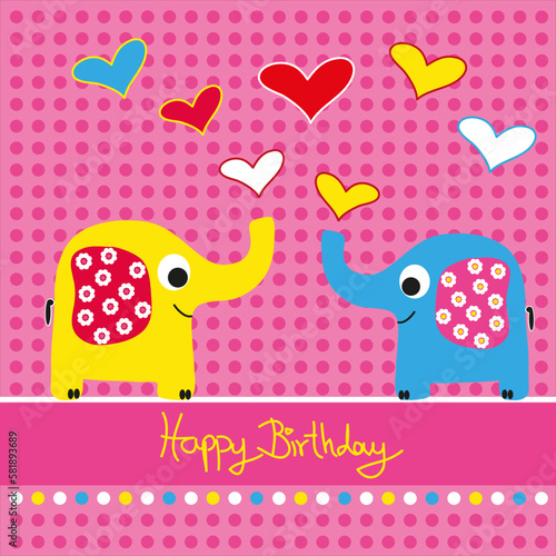 Bunte Elefanten auf Geburtstagskarte. Bunte Herzen auf Hintergrund mit rosa Punkten. Mädchen. 