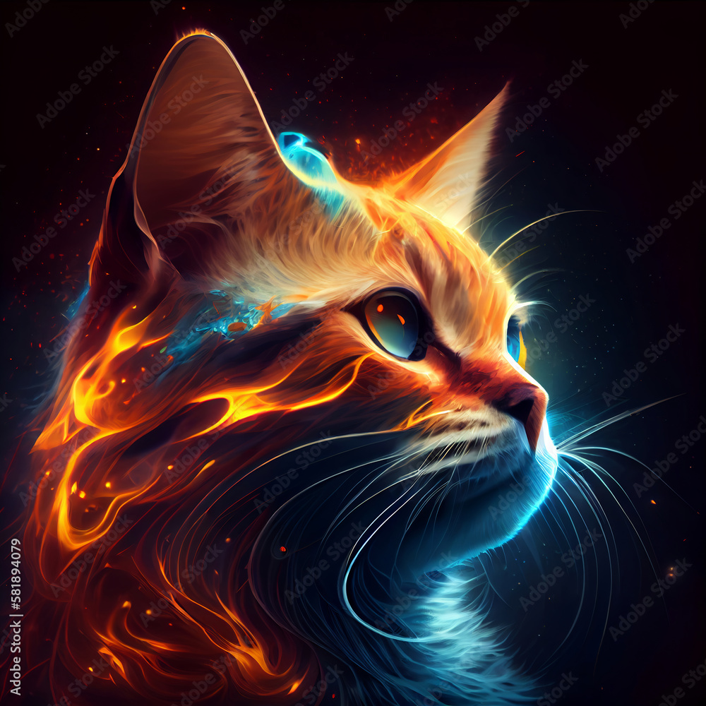 Abstract illustration of a cat with fire flames fur in orange color on dark background for design
