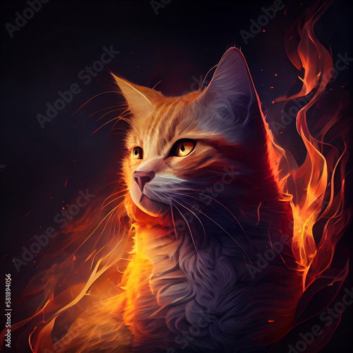 Abstract illustration of a cat with fire flames fur in orange color on dark background for design