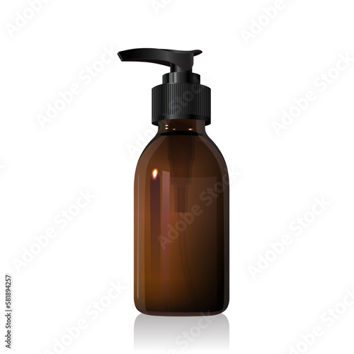 Blank brown glass round bottle mockup with black pump isolated on white background. Dark amber glass packaging. Shampoo,  soap. Dispenser with screw collars. 3d vector cosmetic mockup template