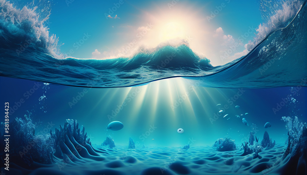 Crystal Clear Water Underwater Waves in Ocean with Sun Rays on Island, Generative AI