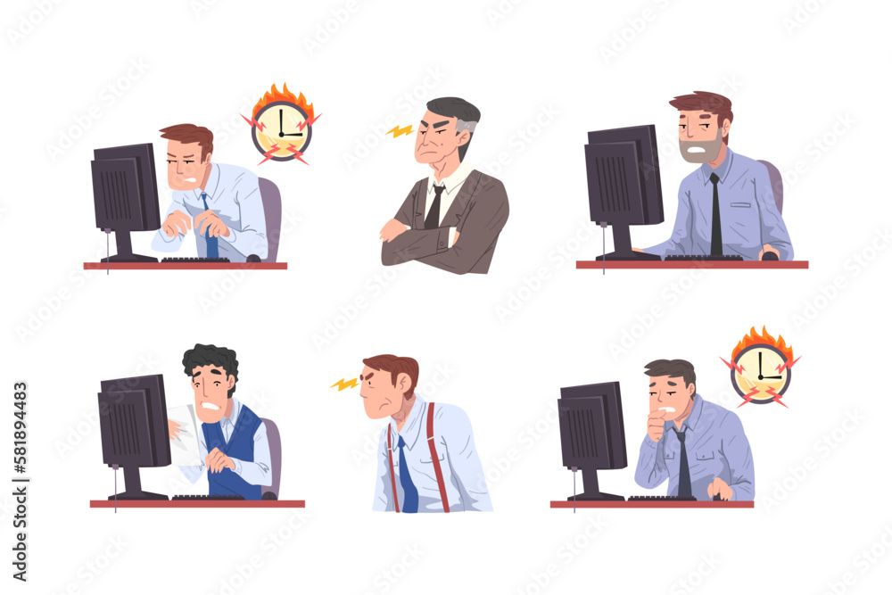 Man Office Worker Failed with Deadline Staying Late at Workplace and Angry Chief Vector Set Man Office Worker Failed with Deadline Staying Late at Workplace and Angry Chief Vector Set