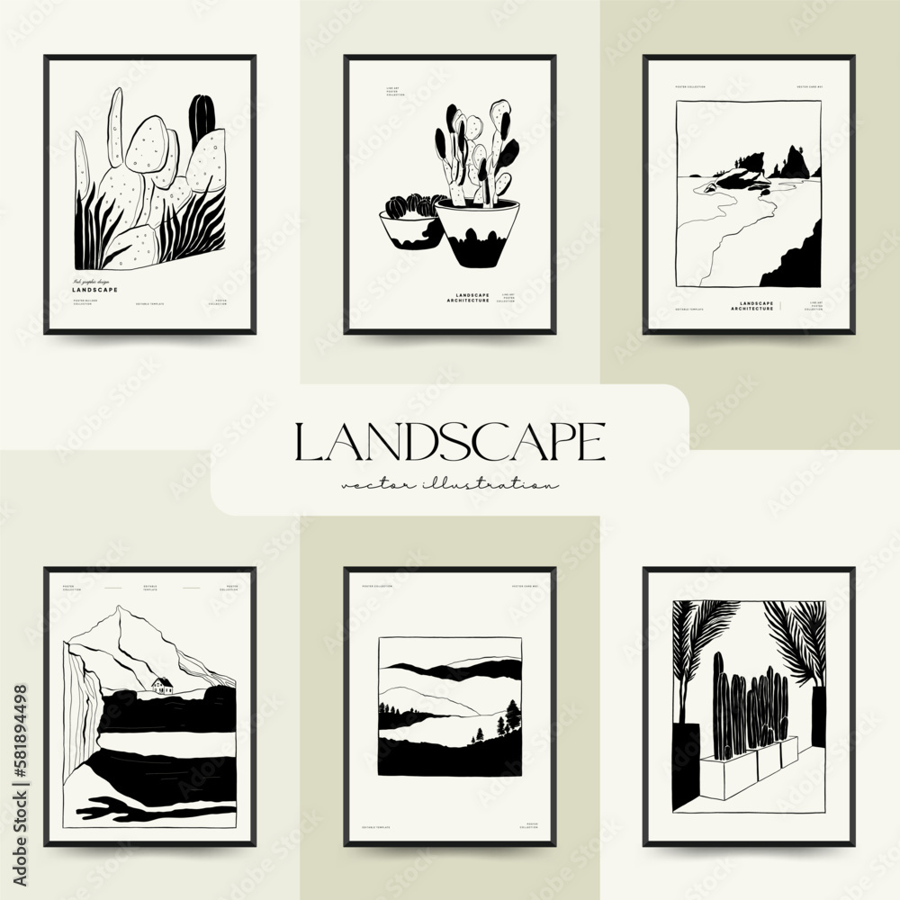 Abstract landscape interior contemporary minimal aesthetic. Hand drawn linear illustrations for wall decoration, postcards or brochures, cover design, stories, social media, app design.