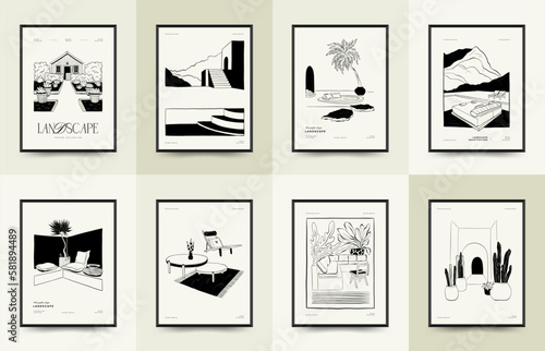 Abstract landscape interior contemporary minimal aesthetic. Hand drawn linear illustrations for wall decoration, postcards or brochures, cover design, stories, social media, app design.
