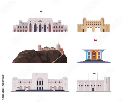 Oman Muscat City Historical Building and Landmarks with Authentic Heritage Vector Set