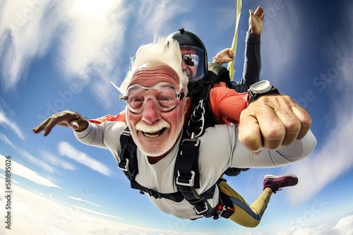 AI illustration of a grandpa doing tandem skydiving