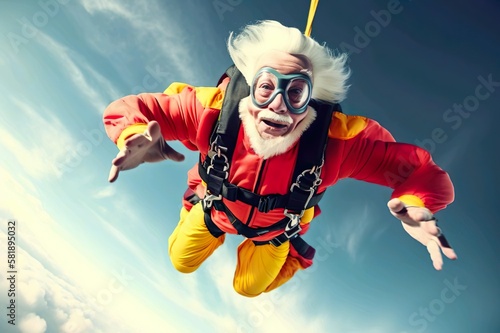AI illustration of a crazy senior man taking some risks in his life and diving from an airplane