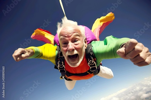 AI illustration of a senior man going on an adventure and skydiving photo