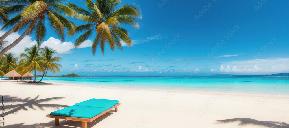 Chaise lounge on the shore of a tropical island with palm trees. Generative AI. Chaise lounge on the shore of a tropical island with palm trees. Generative AI.