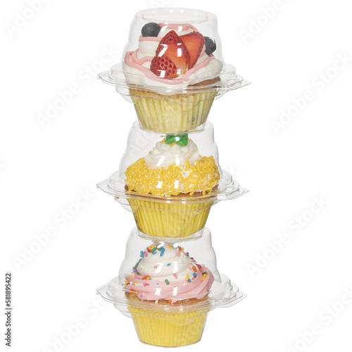 Stack of plastic containers with cupcakes in side isolated