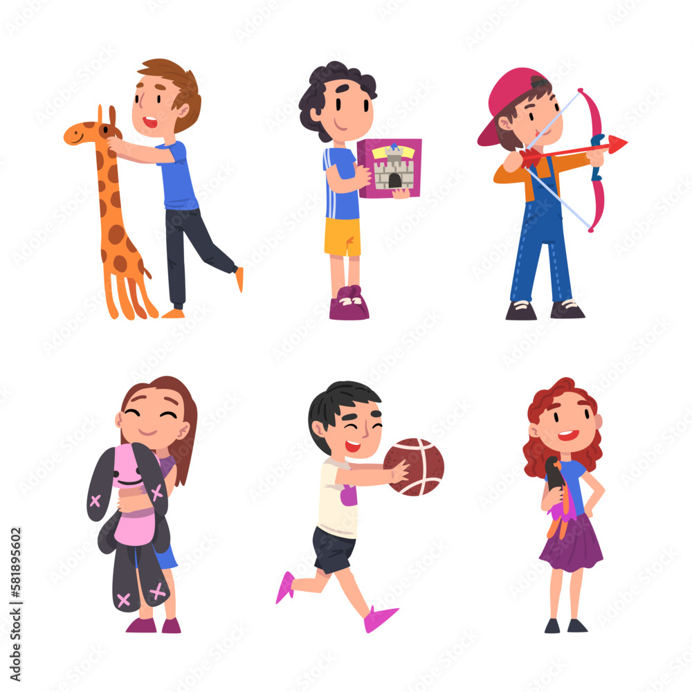 Little Boy and Girl Holding Favorite Toy Vector Set Little Boy and Girl Holding Favorite Toy Vector Set