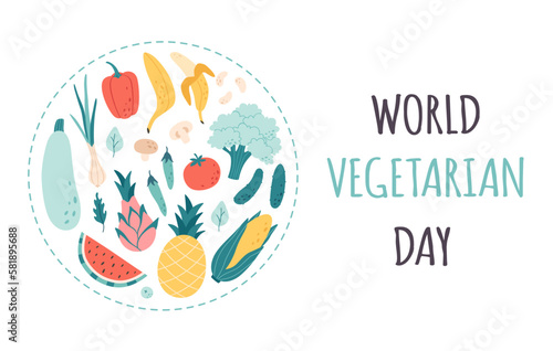 Fresh fruits and vegetables. Healthy food, proper nutrition, vegetarian and vegan concept. World Vegetarian Day. Vector illustration in flat style